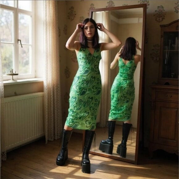 Heart Mesh Green Midi Dress w/ Halter Neck by Pretty Garbage – Mirror Garden M - Picture 1 of 4